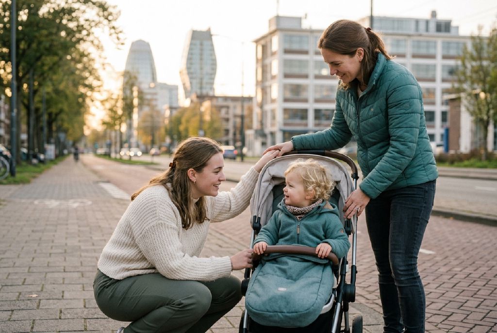 Een ouder en een oppas in gesprek op een zonnige straat in Eindhoven