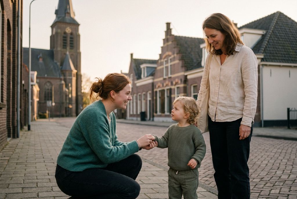 Een ouder en een oppas in gesprek op een zonnige straat in Geldrop