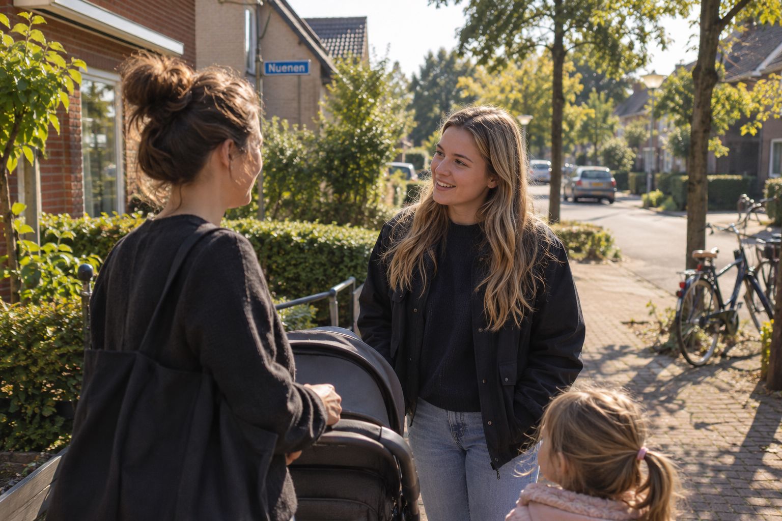 Een ouder en een oppas in gesprek op een zonnige straat in Nuenen