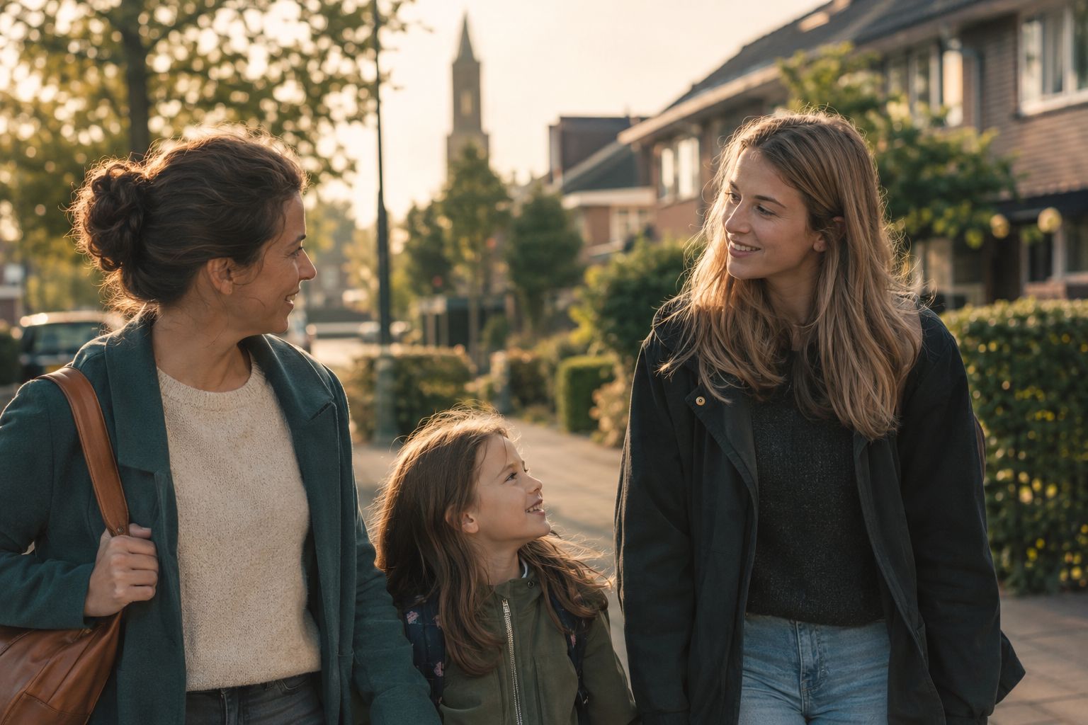 Een ouder en een oppas in gesprek op een zonnige straat in Veldhoven