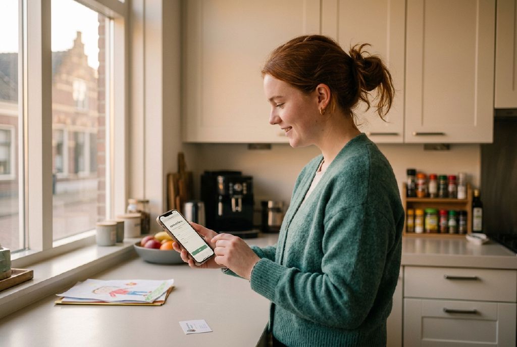 Een vrouw leest een bericht op haar telefoon in de keuken